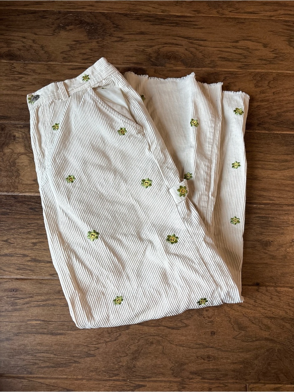 Forever 21 Cream Corduroy Wide Leg Pants with Green Floral Accents